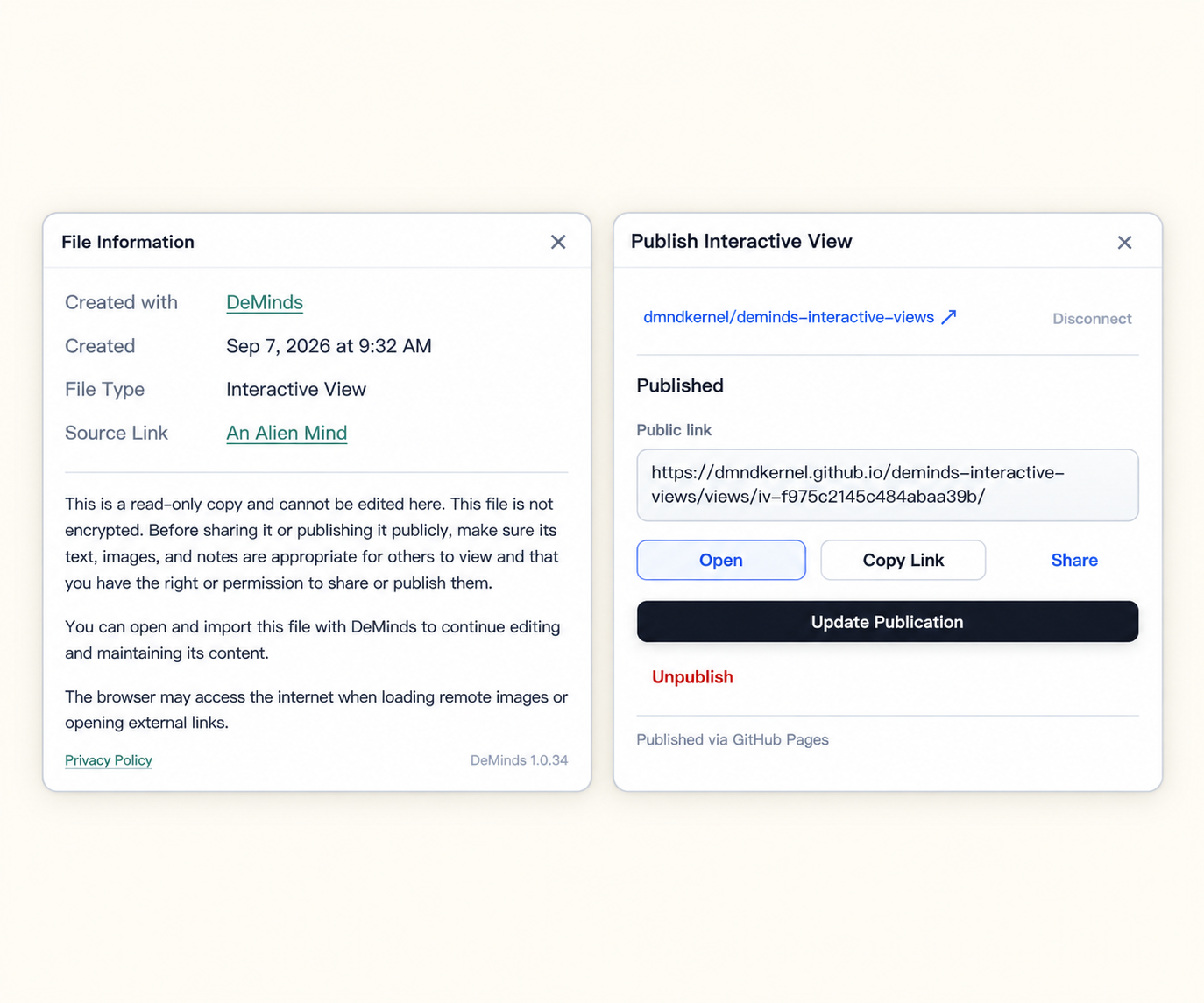 Review a portable Interactive View file and manage a published public link.